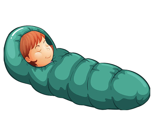 A sleeping bag is used by a camper